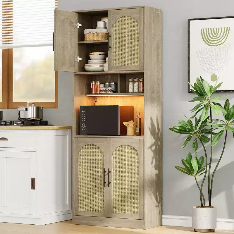 Meuble de cuisine avec lumière RVB, vaisselier haut de cuisine avec support pour micro-ondes, meuble de rangement en bois, armoire pour salle à manger, chêne