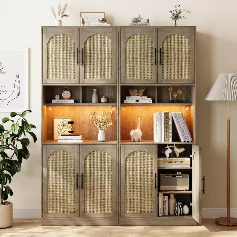 Meuble de cuisine avec lumière RVB, vaisselier haut de cuisine avec support pour micro-ondes, meuble de rangement en bois, armoire pour salle à manger, chêne