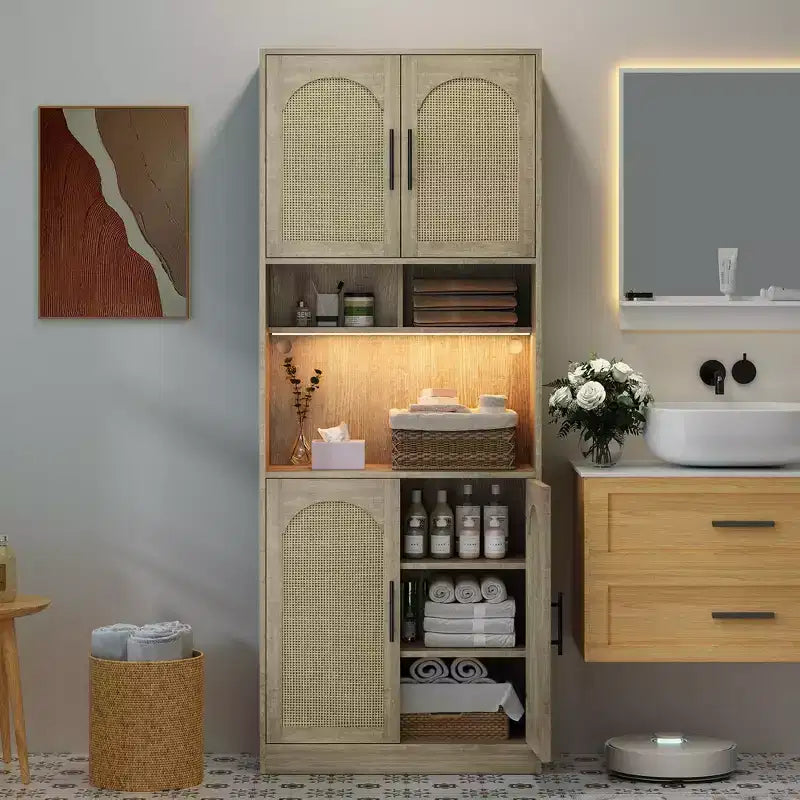 Meuble de cuisine avec lumière RVB, vaisselier haut de cuisine avec support pour micro-ondes, meuble de rangement en bois, armoire pour salle à manger, chêne