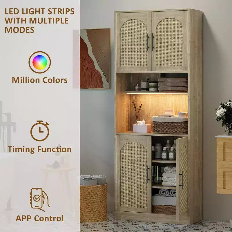 Meuble de cuisine avec lumière RVB, vaisselier haut de cuisine avec support pour micro-ondes, meuble de rangement en bois, armoire pour salle à manger, chêne