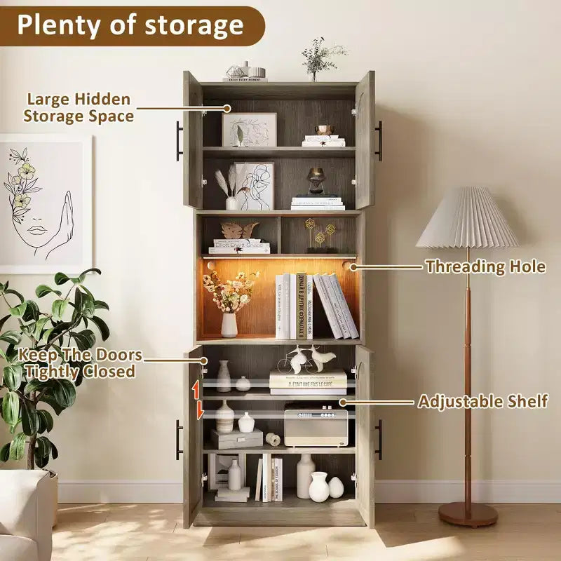 Meuble de cuisine avec lumière RVB, vaisselier haut de cuisine avec support pour micro-ondes, meuble de rangement en bois, armoire pour salle à manger, chêne