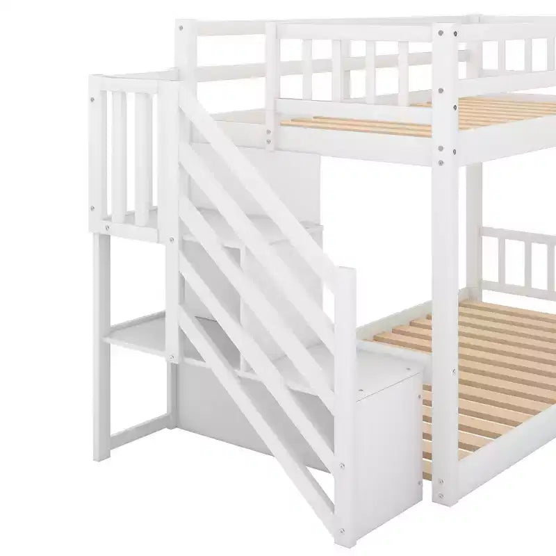 Lit superposé jumeau sur jumeau en bois avec échelle de rangement