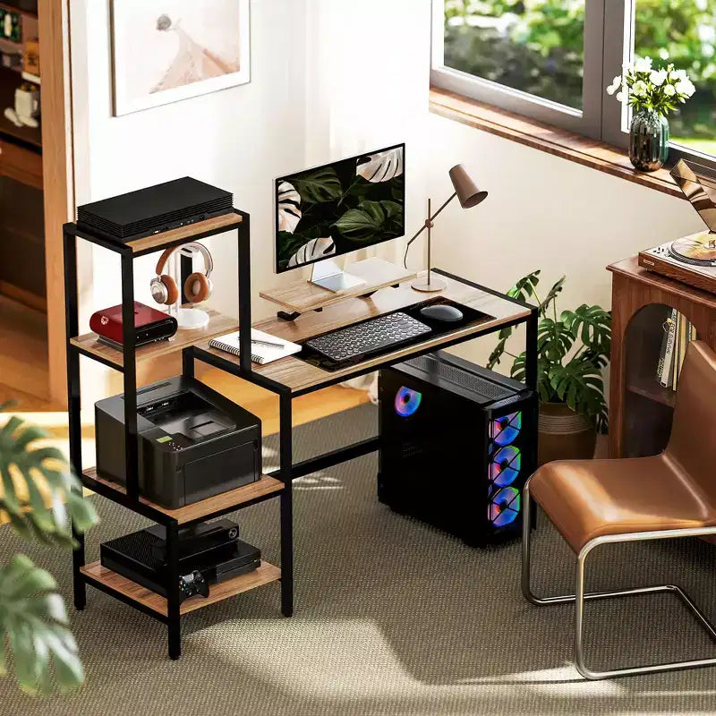 Bureau informatique avec support d'écran, bureau de télétravail réversible à 4 niveaux avec étagère pour imprimante ou support CPU, bureau d'écriture industriel, marron