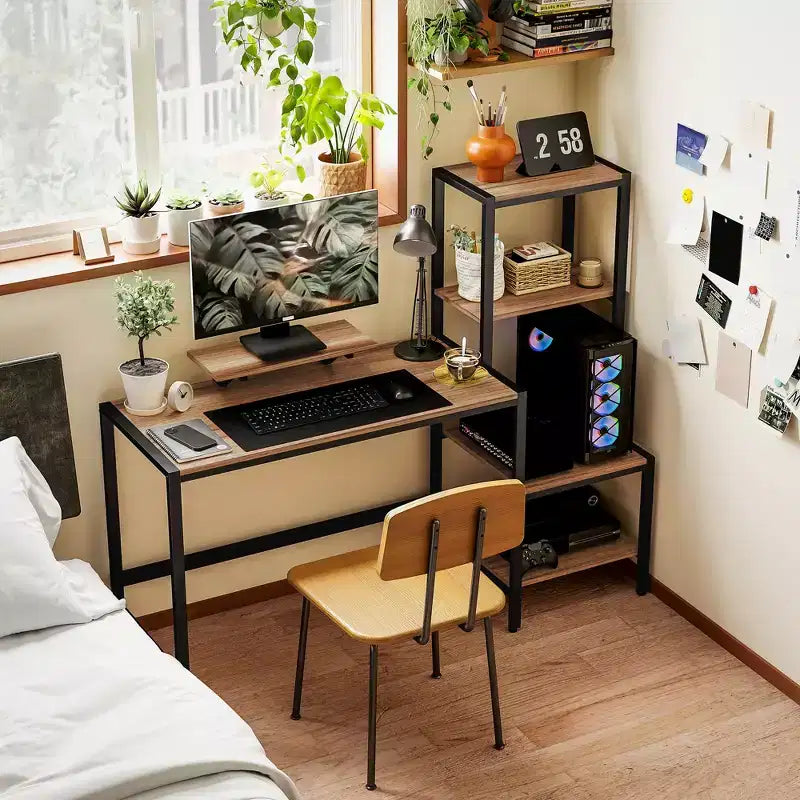 Bureau informatique avec support d'écran, bureau de télétravail réversible à 4 niveaux avec étagère pour imprimante ou support CPU, bureau d'écriture industriel, marron