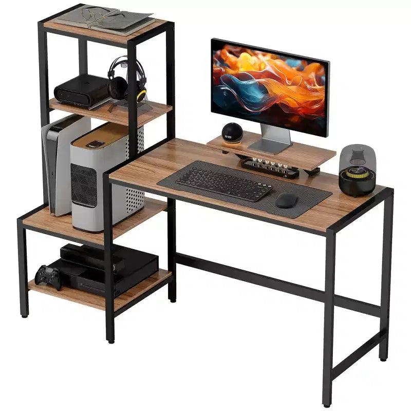 Bureau informatique avec support d'écran, bureau de télétravail réversible à 4 niveaux avec étagère pour imprimante ou support CPU, bureau d'écriture industriel, marron