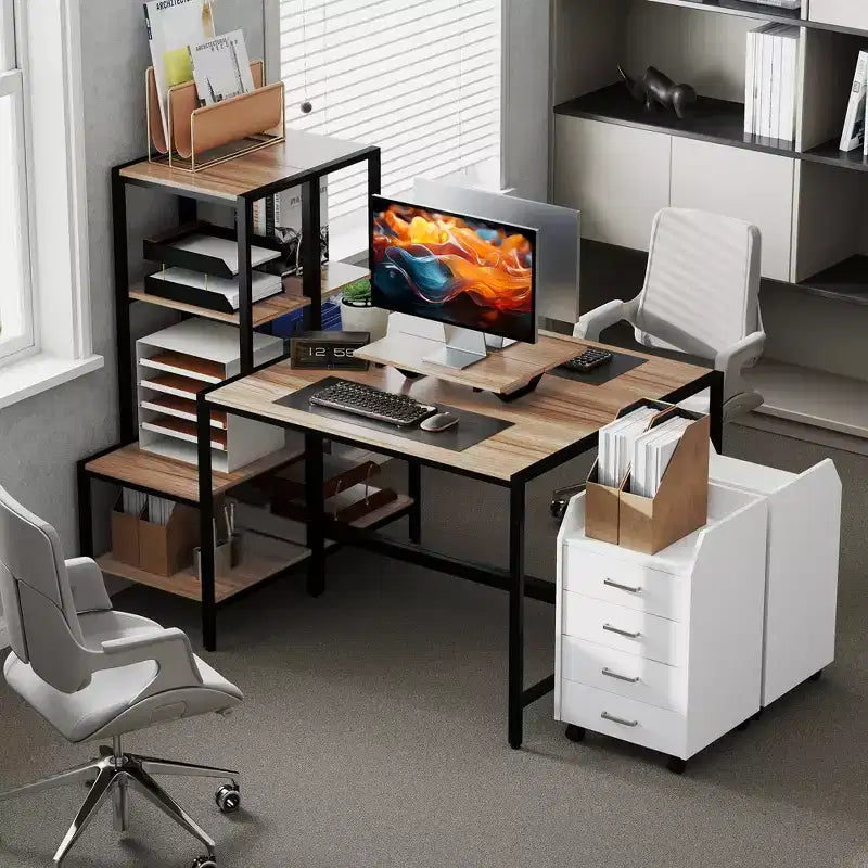 Bureau informatique avec support d'écran, bureau de télétravail réversible à 4 niveaux avec étagère pour imprimante ou support CPU, bureau d'écriture industriel, marron