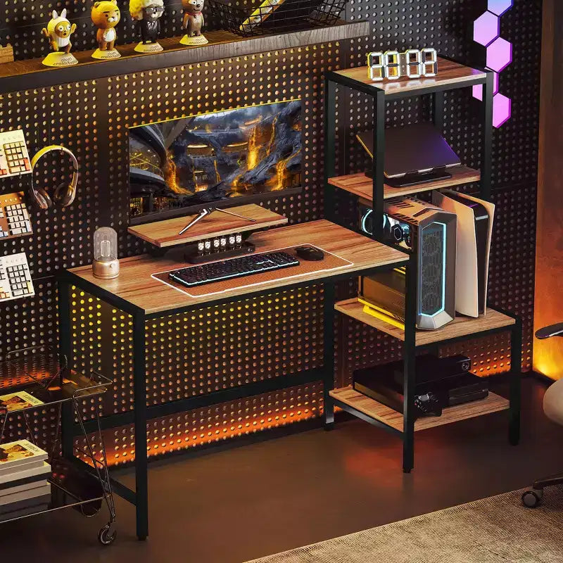 Bureau informatique avec support d'écran, bureau de télétravail réversible à 4 niveaux avec étagère pour imprimante ou support CPU, bureau d'écriture industriel, marron