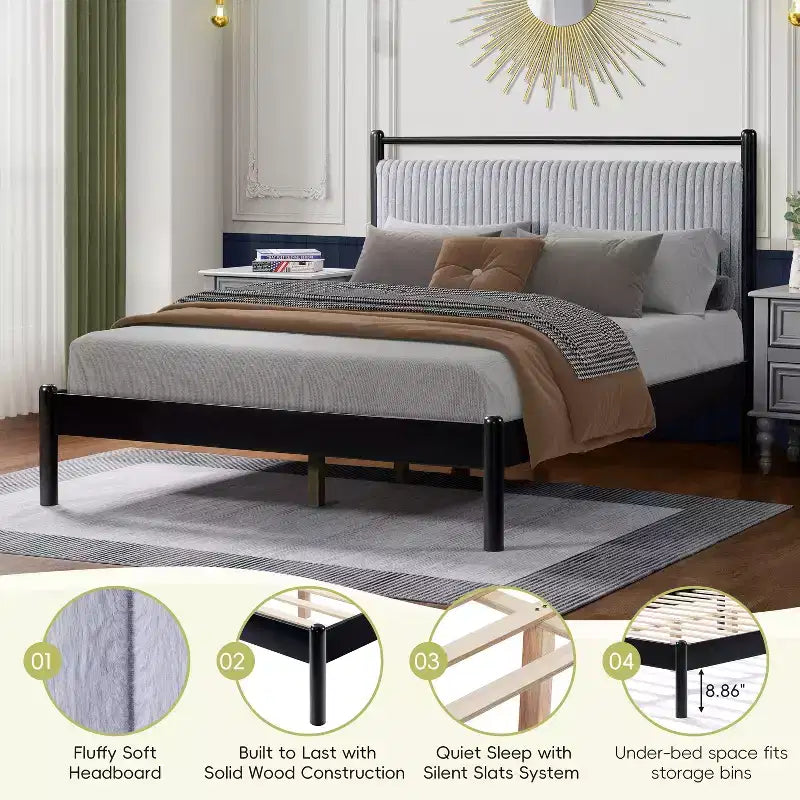 Cadre de lit plateforme moderne en bois d'hévéa avec tête de lit moelleuse gris clair