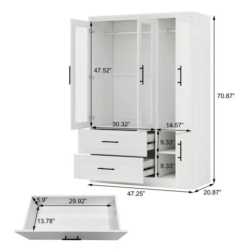 Armoire en bois blanc de 120 cm avec 2 tiroirs et 4 portes
