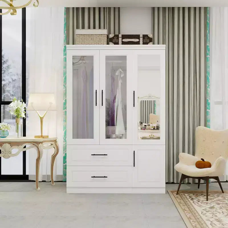 Armoire en bois blanc de 120 cm avec 2 tiroirs et 4 portes