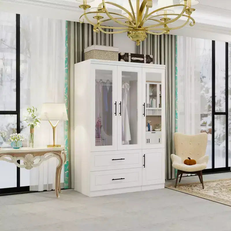 Armoire en bois blanc de 120 cm avec 2 tiroirs et 4 portes