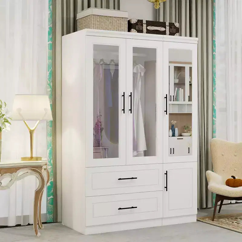 Armoire en bois blanc de 120 cm avec 2 tiroirs et 4 portes