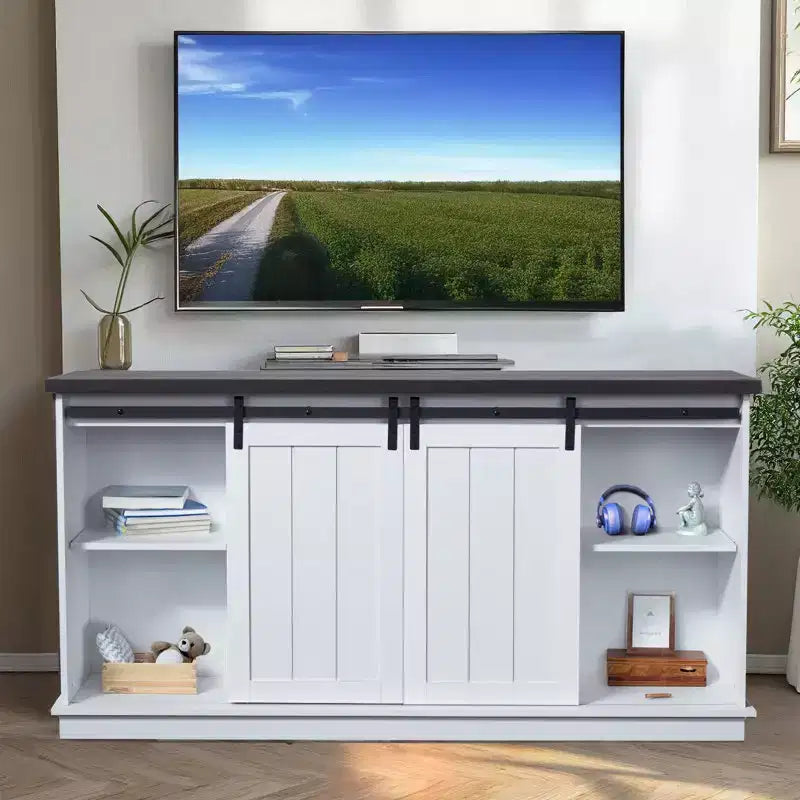 Meuble TV de 63 po pour téléviseurs jusqu'à 80 po avec étagères de rangement ouvertes et armoires