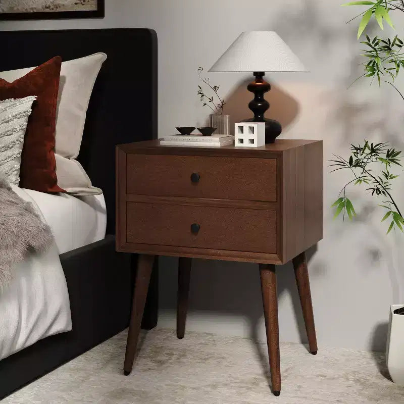 Table de chevet César en bois d'acacia de style Mid-Century avec 2 tiroirs