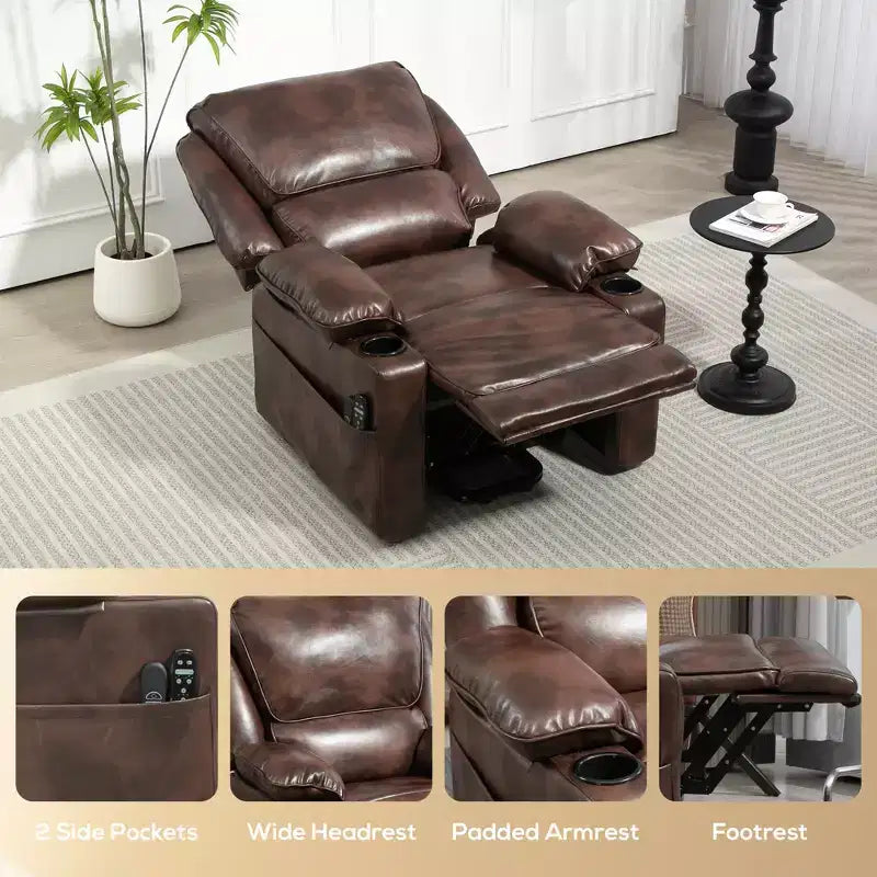 Fauteuil inclinable électrique avec fonction releveur, massage et chauffage, télécommande, poches latérales, ressorts ensachés