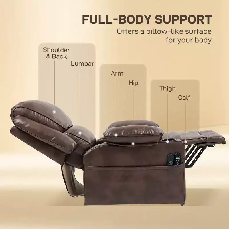 Fauteuil inclinable électrique avec fonction releveur, massage et chauffage, télécommande, poches latérales, ressorts ensachés
