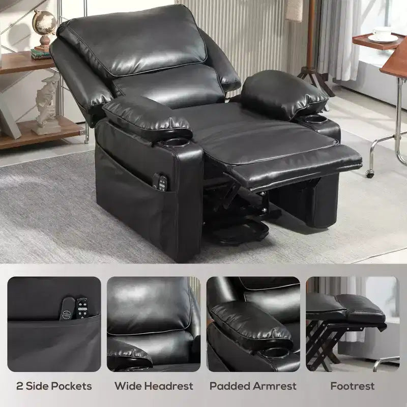 Fauteuil inclinable électrique avec fonction releveur, massage et chauffage, télécommande, poches latérales, ressorts ensachés