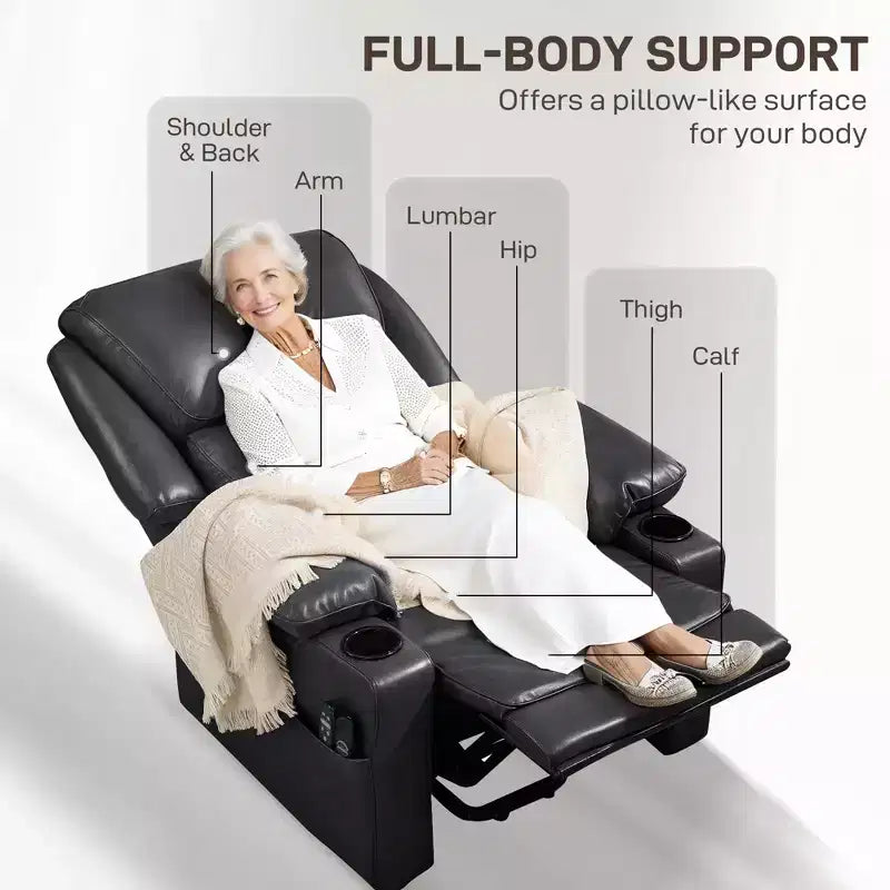 Fauteuil inclinable électrique avec fonction releveur, massage et chauffage, télécommande, poches latérales, ressorts ensachés