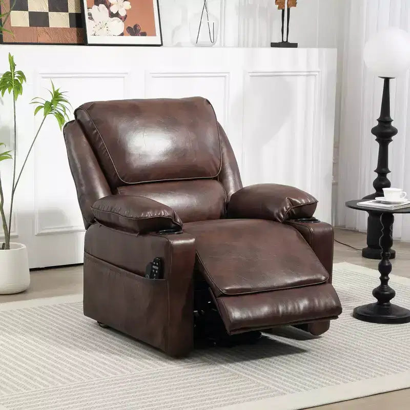Fauteuil inclinable électrique avec fonction releveur, massage et chauffage, télécommande, poches latérales, ressorts ensachés