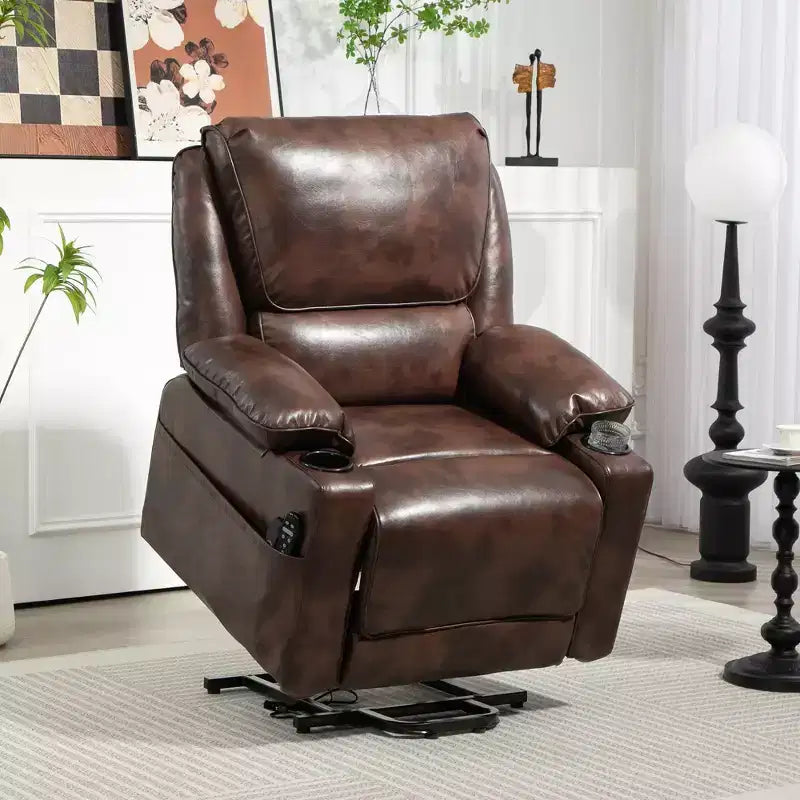 Fauteuil inclinable électrique avec fonction releveur, massage et chauffage, télécommande, poches latérales, ressorts ensachés