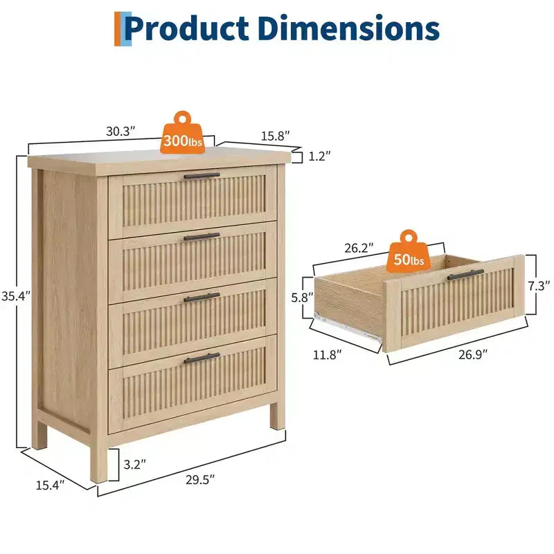 Commode de chambre à 4 tiroirs cannelés, commode haute de 90 cm pour dressing, 4 tiroirs cannelés avec poignée en métal, armoire de rangement pour vêtements