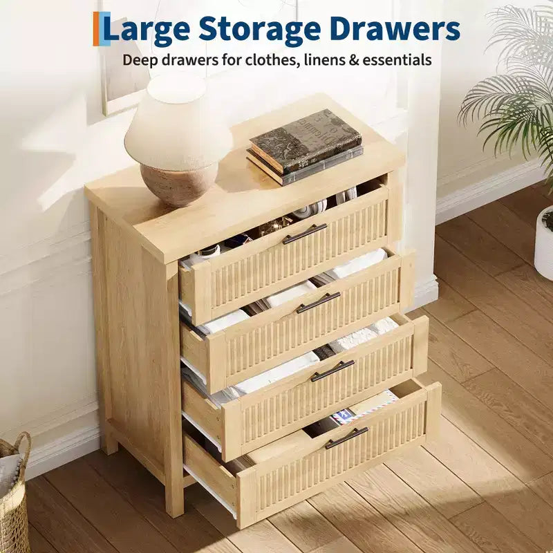 Commode de chambre à 4 tiroirs cannelés, commode haute de 90 cm pour dressing, 4 tiroirs cannelés avec poignée en métal, armoire de rangement pour vêtements