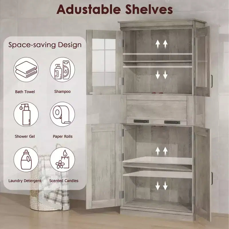Armoire de rangement de salle de bain de 170 cm de hauteur, meuble autoportant avec 4 portes et tiroir vitré relevable, étagères réglables pour cellier de cuisine