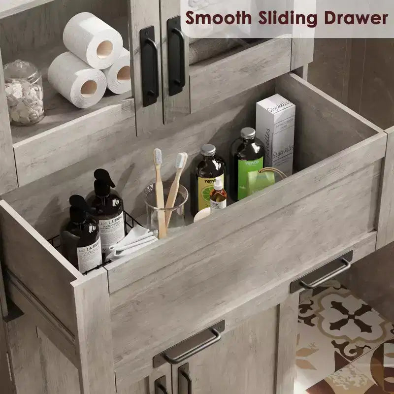 Armoire de rangement de salle de bain de 170 cm de hauteur, meuble autoportant avec 4 portes et tiroir vitré relevable, étagères réglables pour cellier de cuisine