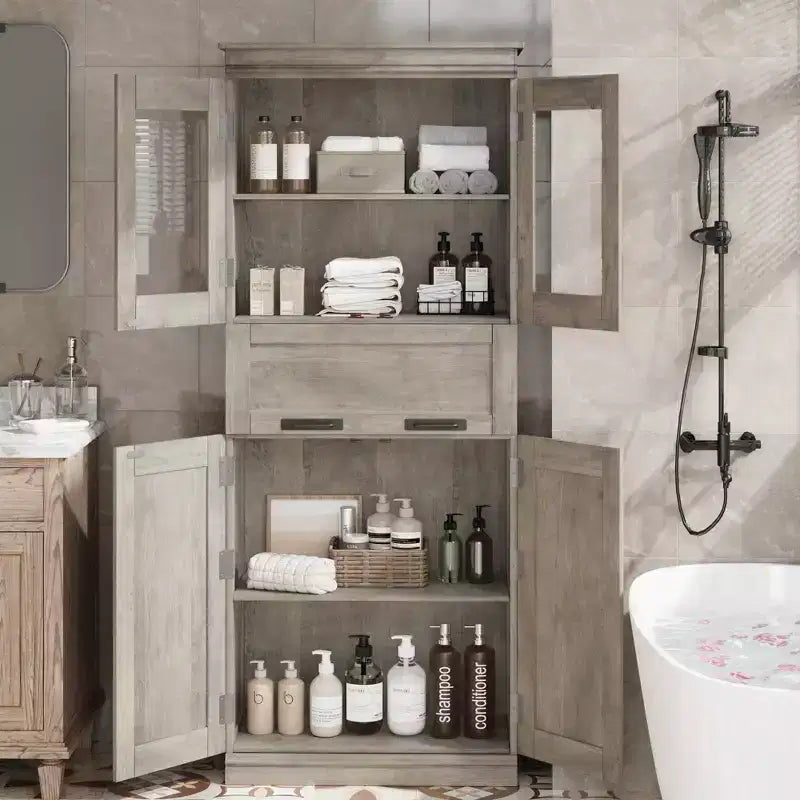 Armoire de rangement de salle de bain de 170 cm de hauteur, meuble autoportant avec 4 portes et tiroir vitré relevable, étagères réglables pour cellier de cuisine