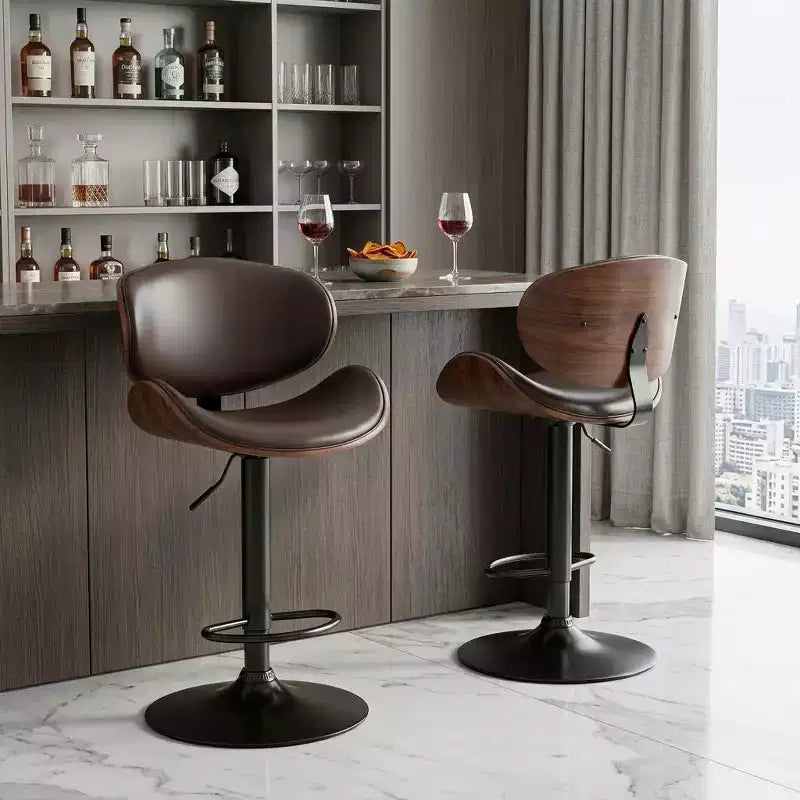 Chaises de bar pivotantes réglables en hauteur en similicuir marron et noir, bois et aluminium