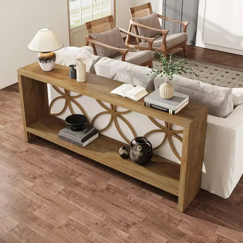 Console étroite de 70,9 pouces, longue table de canapé style ferme derrière le canapé avec rangement pour entrée, salon, foyer, design unique, naturel