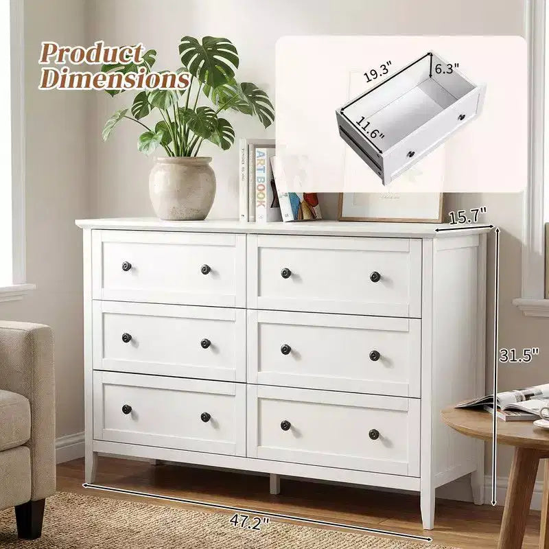 Armoire à six tiroirs de 47 pouces avec double rangée de poignées doubles et cadre en mélamine
