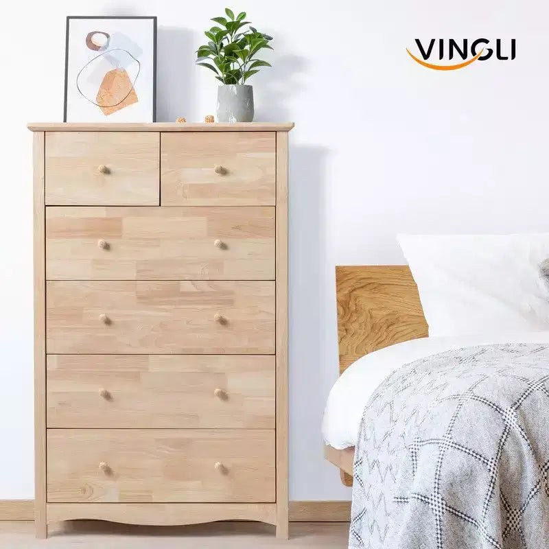 Meuble à 6 tiroirs en hévéa naturel, 1 pièce