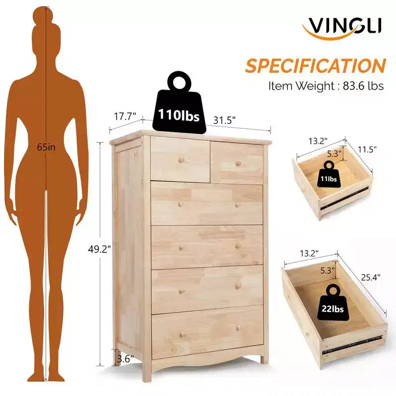 Meuble à 6 tiroirs en hévéa naturel, 1 pièce
