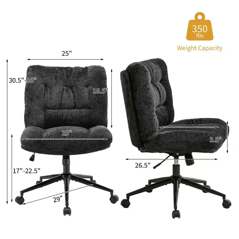 Chaise de bureau pivotante à 360°, sans accoudoirs, avec siège large à double coussin, réglable en hauteur pour bureau, chambre et salle d'étude