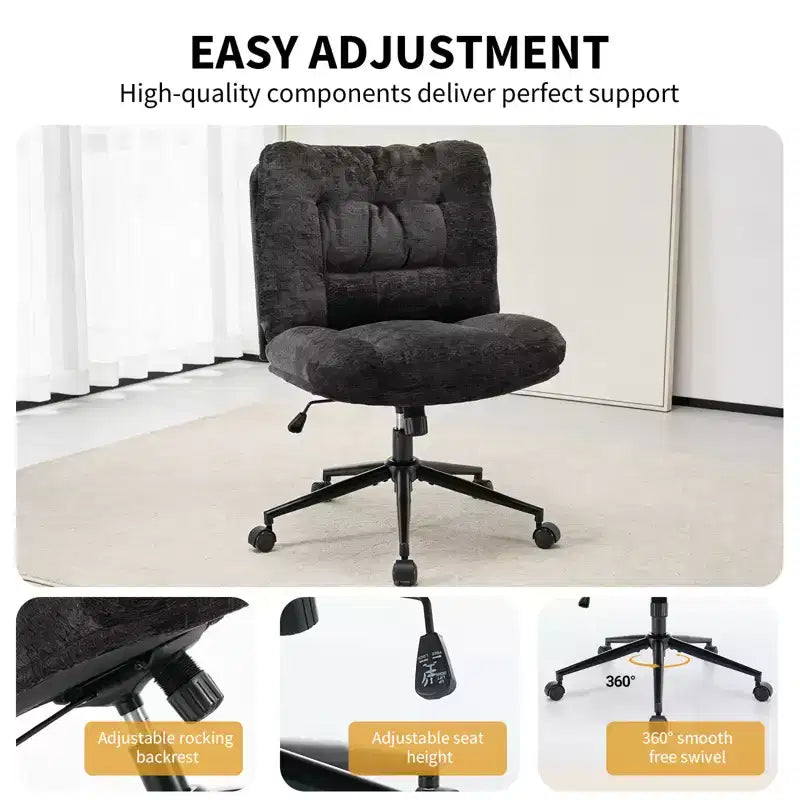 Chaise de bureau pivotante à 360°, sans accoudoirs, avec siège large à double coussin, réglable en hauteur pour bureau, chambre et salle d'étude