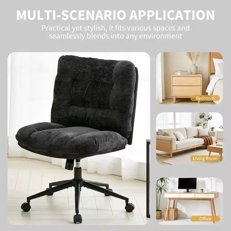 Chaise de bureau pivotante à 360°, sans accoudoirs, avec siège large à double coussin, réglable en hauteur pour bureau, chambre et salle d'étude