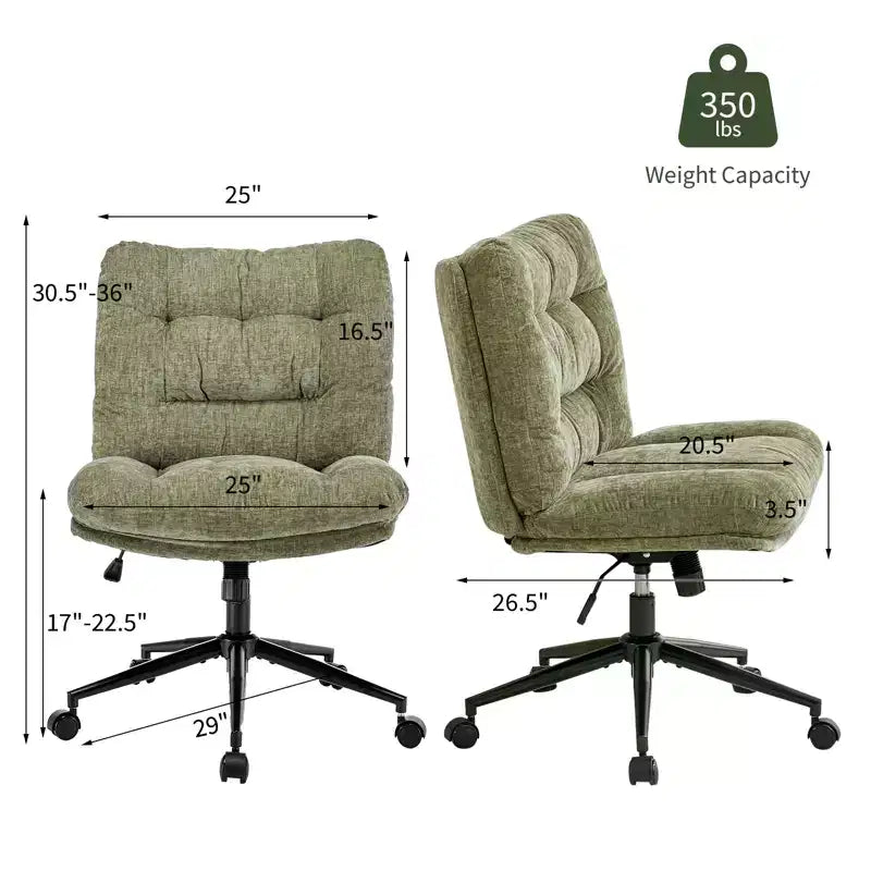 Chaise de bureau pivotante à 360°, sans accoudoirs, avec siège large à double coussin, réglable en hauteur pour bureau, chambre et salle d'étude