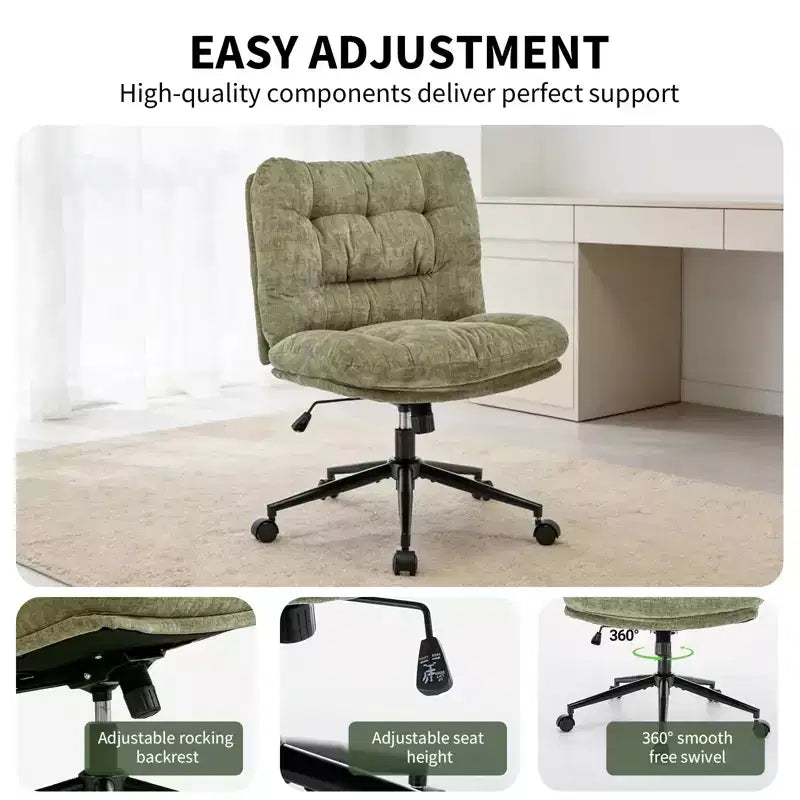 Chaise de bureau pivotante à 360°, sans accoudoirs, avec siège large à double coussin, réglable en hauteur pour bureau, chambre et salle d'étude