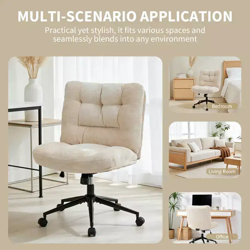Chaise de bureau pivotante à 360°, sans accoudoirs, avec siège large à double coussin, réglable en hauteur pour bureau, chambre et salle d'étude