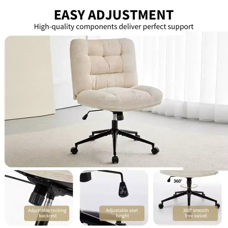 Chaise de bureau pivotante à 360°, sans accoudoirs, avec siège large à double coussin, réglable en hauteur pour bureau, chambre et salle d'étude