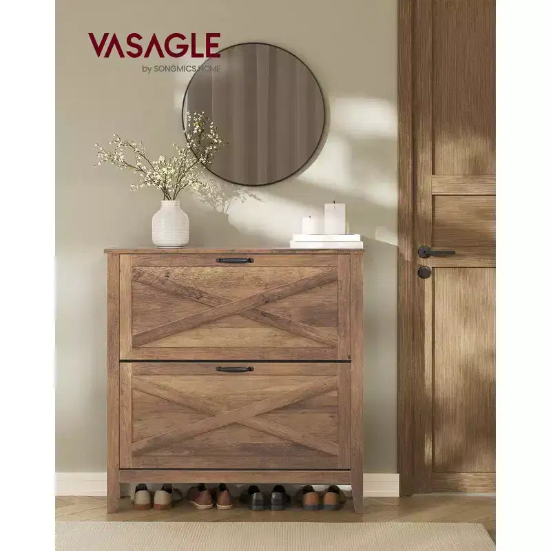 Meuble de rangement pour chaussures avec 2 tiroirs basculants, meuble à chaussures étroit autoportant, capacité de 12 à 16 paires, marron miel
