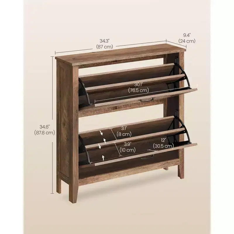 Meuble de rangement pour chaussures avec 2 tiroirs basculants, meuble à chaussures étroit autoportant, capacité de 12 à 16 paires, marron miel