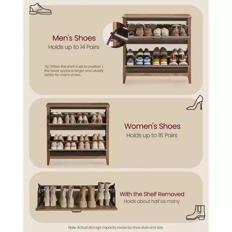 Meuble de rangement pour chaussures avec 2 tiroirs basculants, meuble à chaussures étroit autoportant, capacité de 12 à 16 paires, marron miel