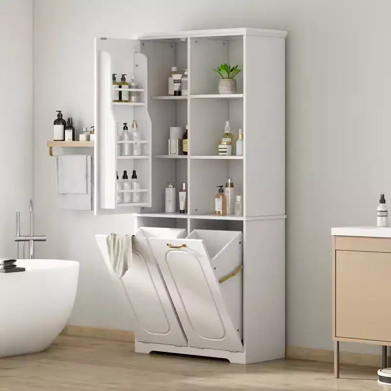 Meuble de rangement haut de salle de bain autoportant de 68 po avec 2 paniers à linge basculants, étagères réglables, armoire à porte à fermeture douce