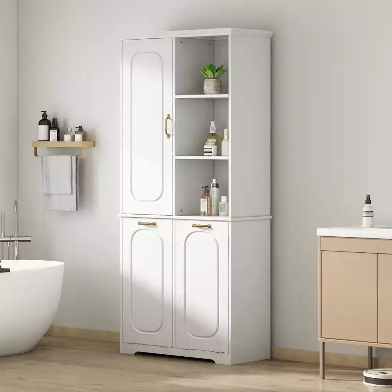 Meuble de rangement haut de salle de bain autoportant de 68 po avec 2 paniers à linge basculants, étagères réglables, armoire à porte à fermeture douce