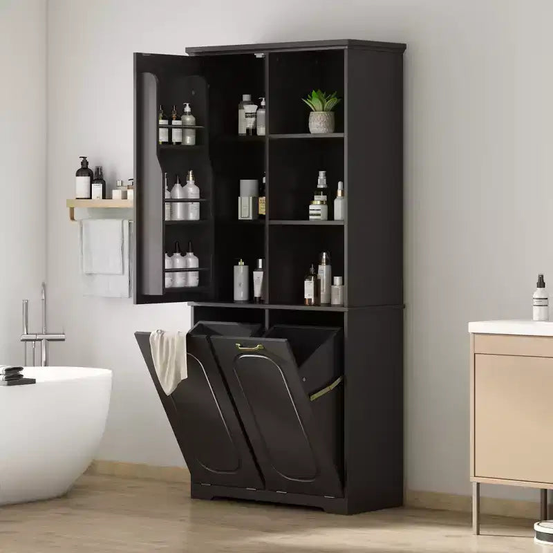 Meuble de rangement haut de salle de bain autoportant de 68 po avec 2 paniers à linge basculants, étagères réglables, armoire à porte à fermeture douce