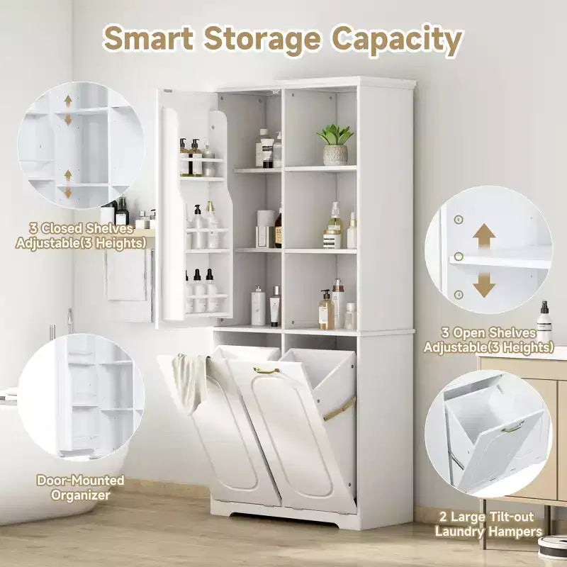 Meuble de rangement haut de salle de bain autoportant de 68 po avec 2 paniers à linge basculants, étagères réglables, armoire à porte à fermeture douce
