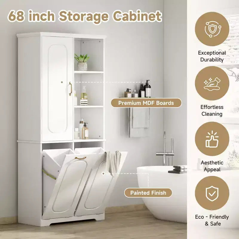 Meuble de rangement haut de salle de bain autoportant de 68 po avec 2 paniers à linge basculants, étagères réglables, armoire à porte à fermeture douce