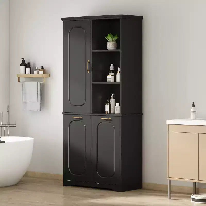 Meuble de rangement haut de salle de bain autoportant de 68 po avec 2 paniers à linge basculants, étagères réglables, armoire à porte à fermeture douce